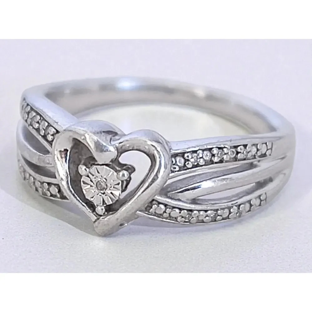 Vintage 925 Sterling Silver Cubic Zirconia Heart Ring Romantic Promise Size 6.5